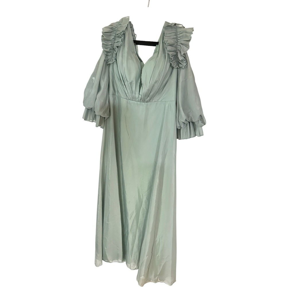 V-Neck Green Lantern Sleeve Dress With Ruffled Detailing Ruched Belted Size 2XL
